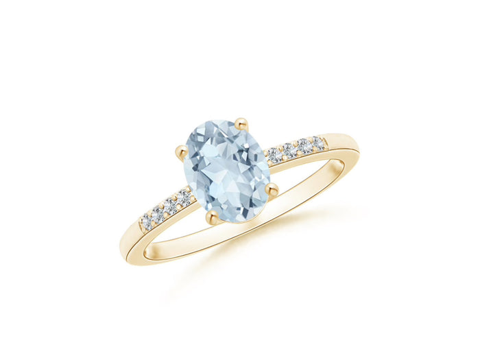 14k Oval Aquamarine and Diamonds March Birthstone Ring