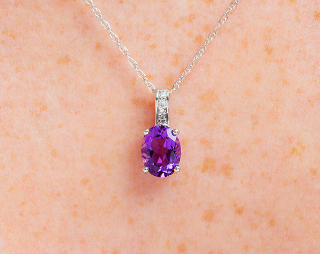 14k Oval Amethyst and Diamonds February Birthstone Necklace