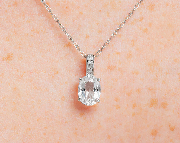 14k Oval White Topaz and Diamonds April Birthstone Necklace