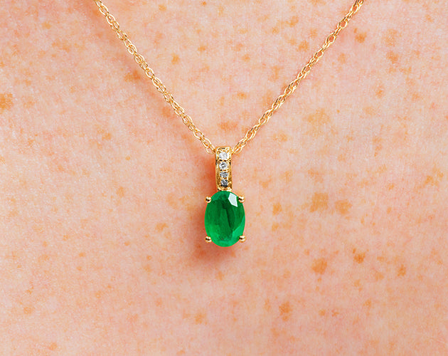 14k Oval Emerald and Diamonds May Birthstone Necklace