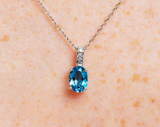 14k Oval Swiss Blue Topaz and Diamonds December Birthstone Necklace