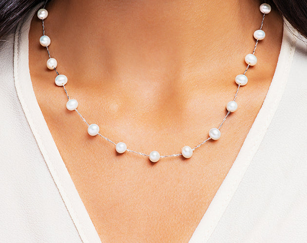 14k White Gold and White Freshwater Pearl Station Necklace