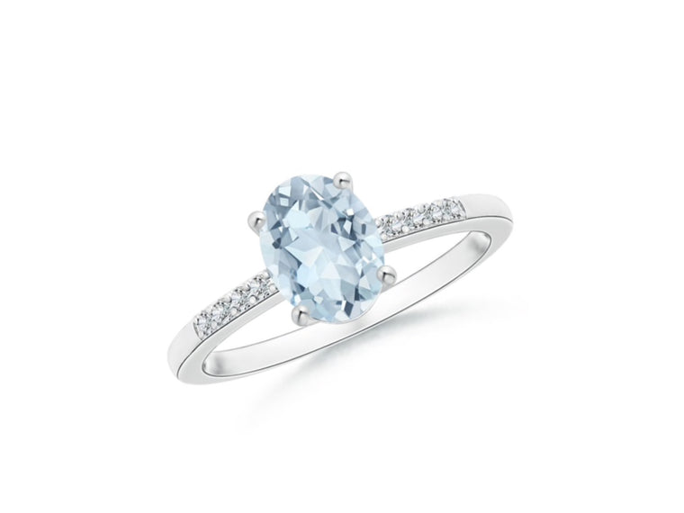 14k Oval Aquamarine and Diamonds March Birthstone Ring