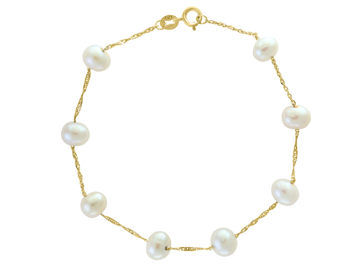 14k Yellow Gold and White Freshwater Pearl Station Bracelet