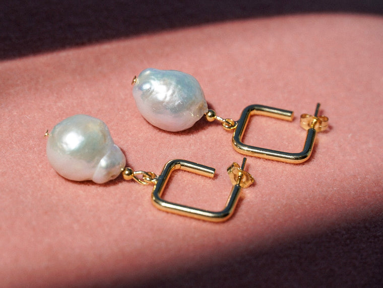 Square Hoop Pearl Earrings