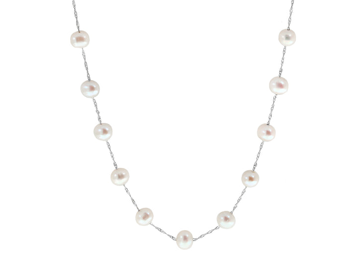 14k White Gold and White Freshwater Pearl Station Necklace