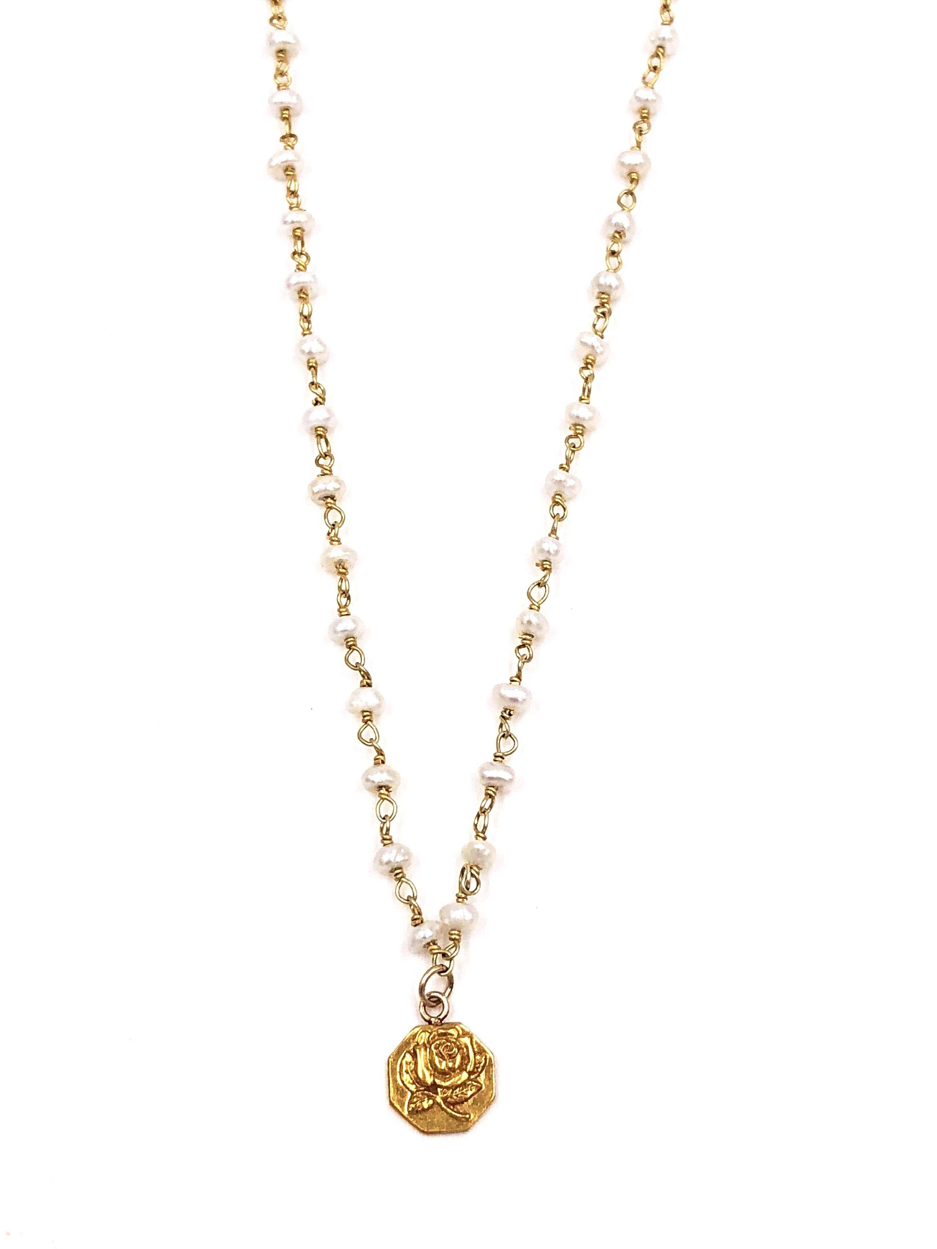 Vintage Alpha Omicron Pi Rose Freshwater Pearl Necklace