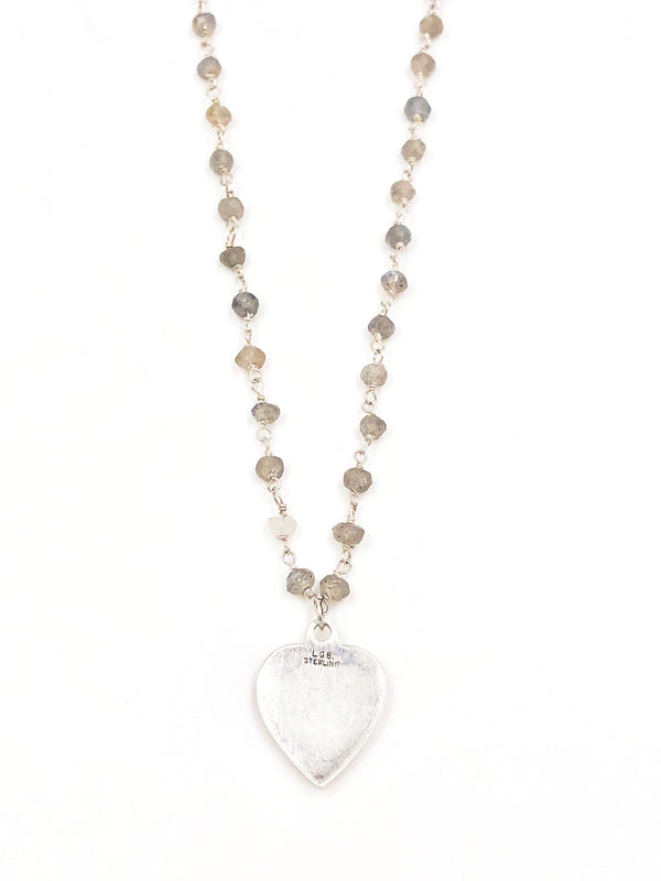 Vintage Phi Mu Crest and Heart Labradorite Gemstone Necklace